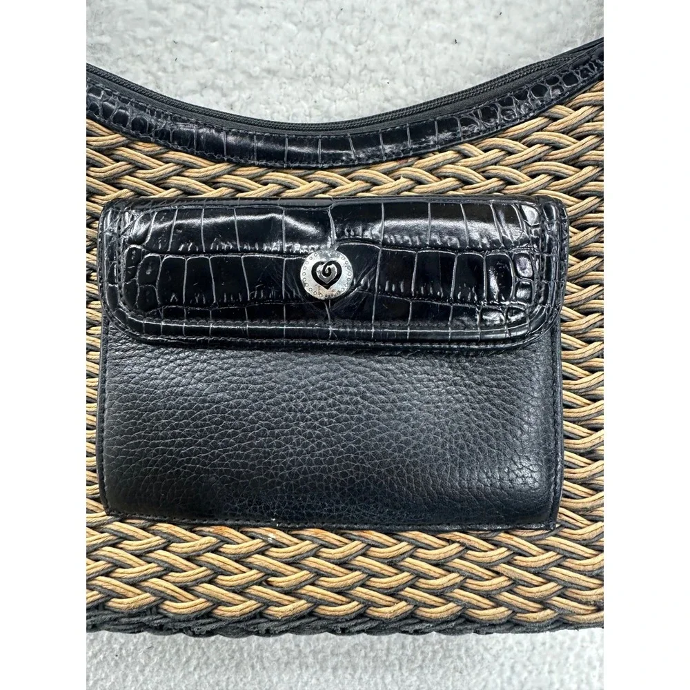 Brighton Woven Shoulder Bag Black Leather Pocket Tan Hobo Purse